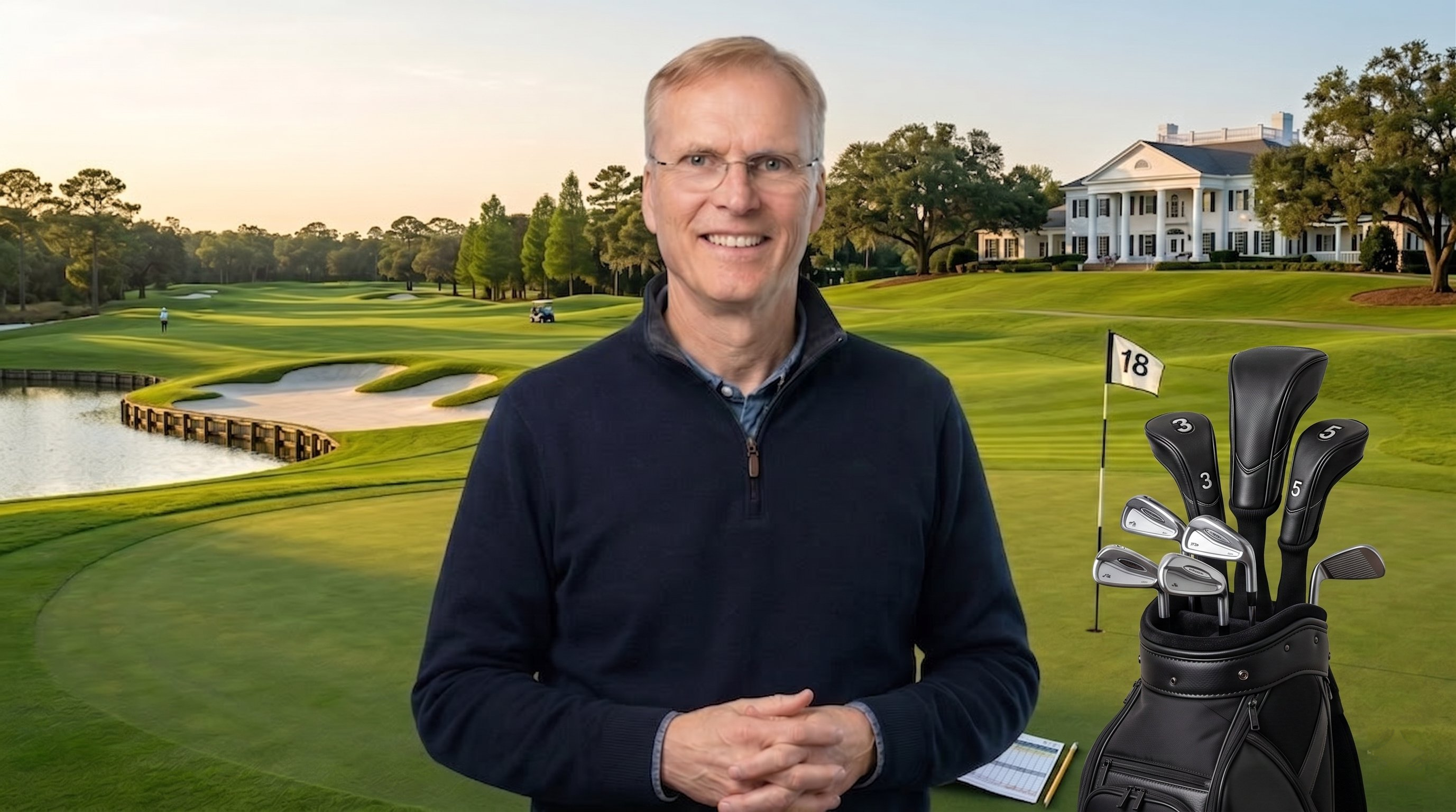 Charles Carboneau — Founder of GolfClubags.com, 60+ year golfer, scratch golfer, standing on the 18th green with golf bag