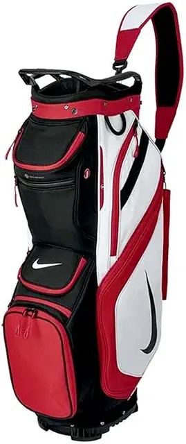 Nike Performance Cart Bag — flagship cart bag with 14-way full-length divider top, insulated cooler pocket, strap-through cart design