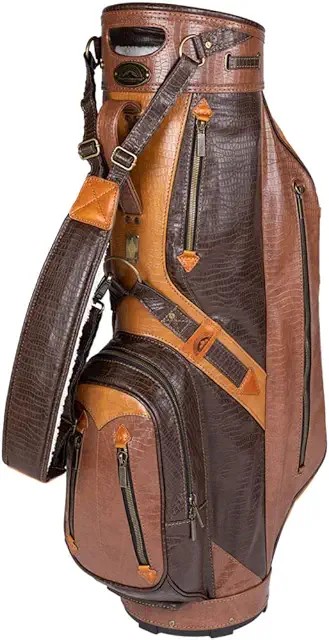 Sun Mountain Men's Dundee cart bag — heritage-styled cart bag with crocodile vinyl construction, brushed brass hardware, customizable brass nameplate