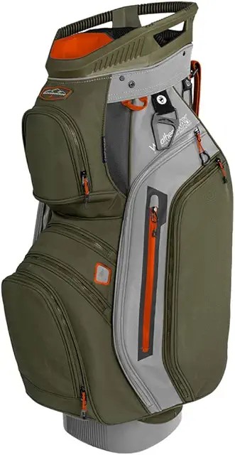 Sun Mountain Weathermax golf cart bag in cobalt navy — marine-grade fabric, 14-way top, 13 pockets, all-weather durability champion