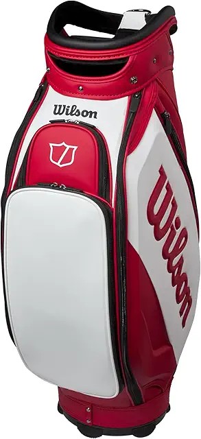 Wilson Staff Tour golf cart bag — Tour staff-style cart bag with padded 14-way top, 7 pockets, classic Wilson red and white colorway